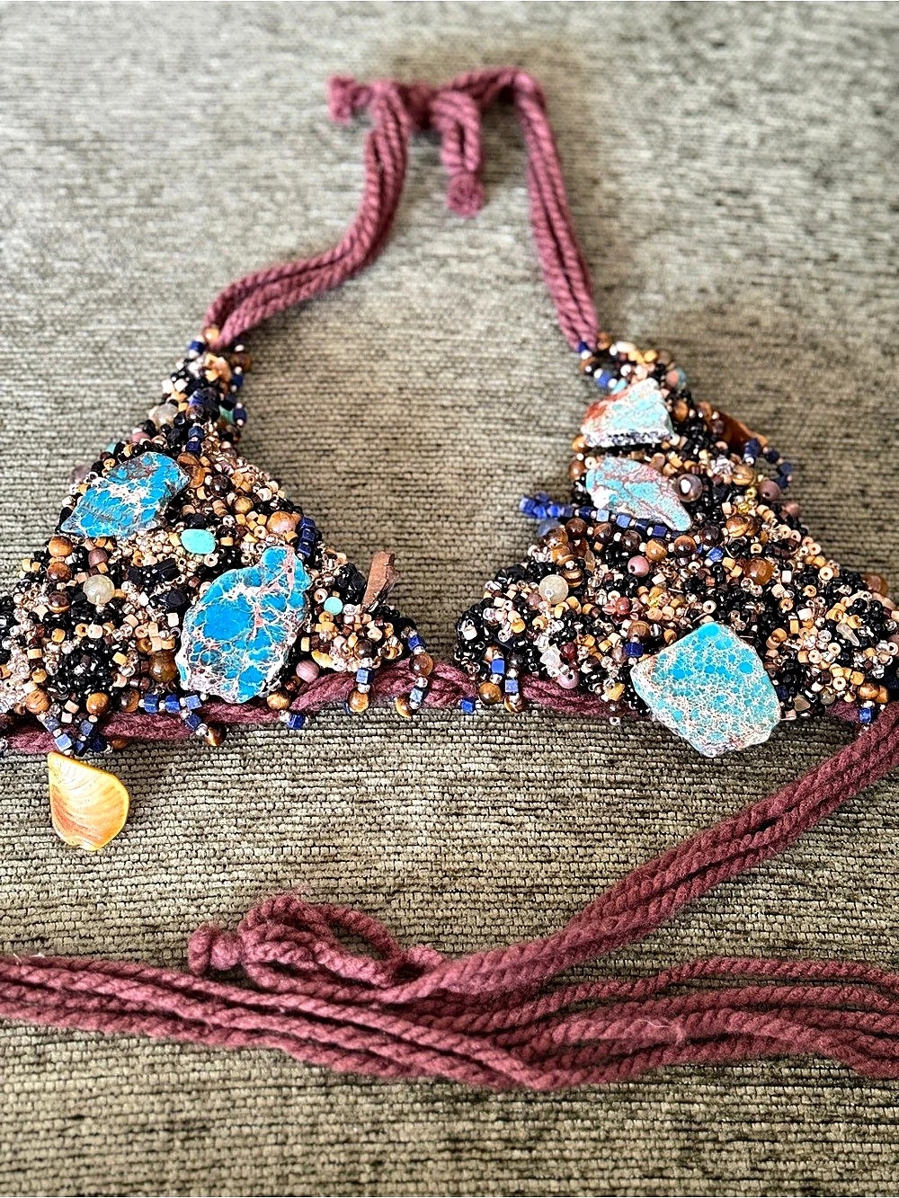 Unique | Rare Beaded Triangle Bikini Top in Brown & Pink Handmade